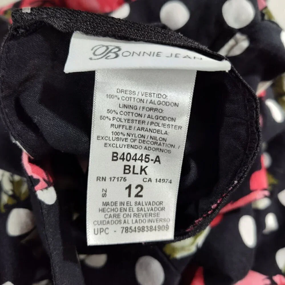 Bonnie Jean Junior Girls Size 12 Black & White Polka Dot Dress with Rose